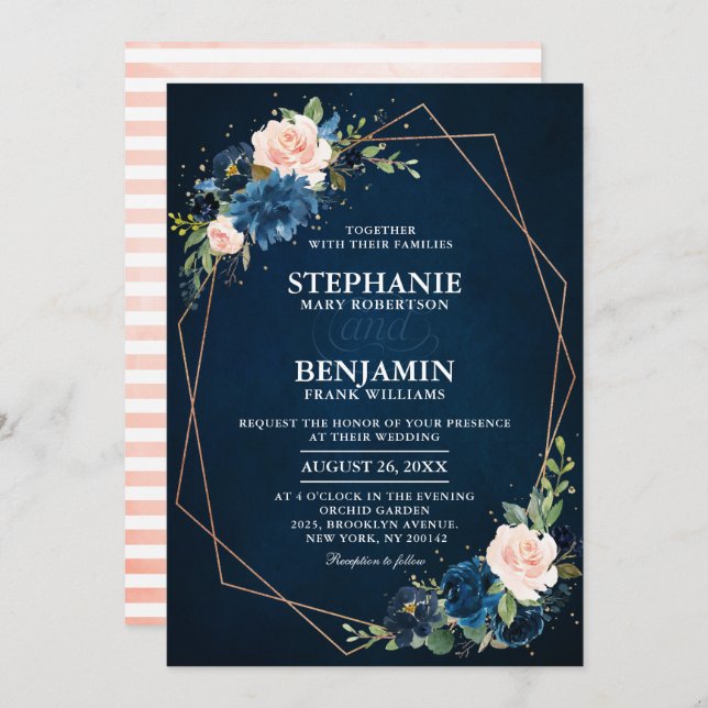 Invitation Marine bleu rose rose rose rose Boho Mariage géomé (Devant / Derrière)
