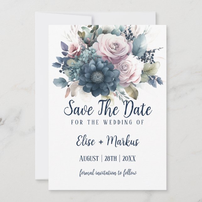 Invitation Marine Bleu rose rose Roses Mariage Enregistrer La (Devant)