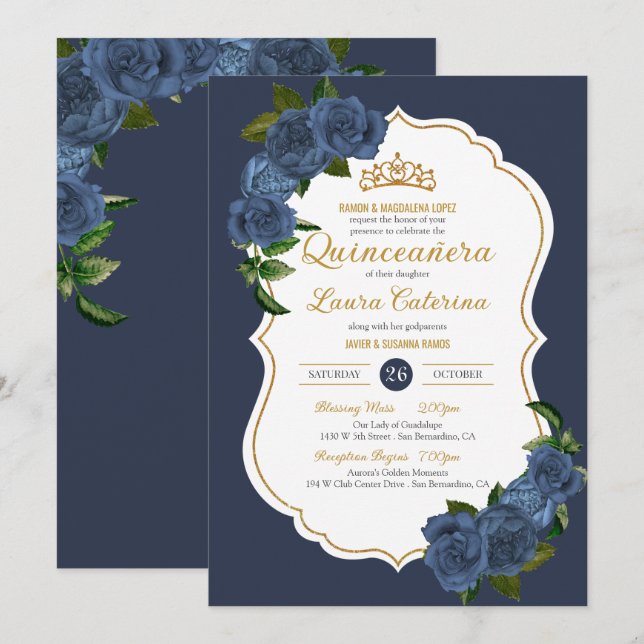 Invitation Marine Bleu Roses Blanc et or Elegant Quinceanera (Devant / Derrière)