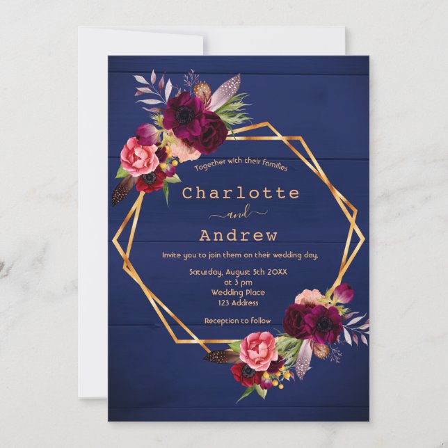 Invitation Marine bleu rustique mur bordeaux floraux mariage (Devant)