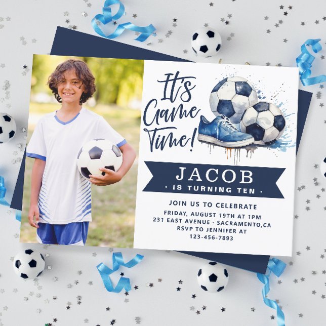 Invitation Marine Bleu Soccer Enfants Aquarelle Photo (Créateur téléchargé)