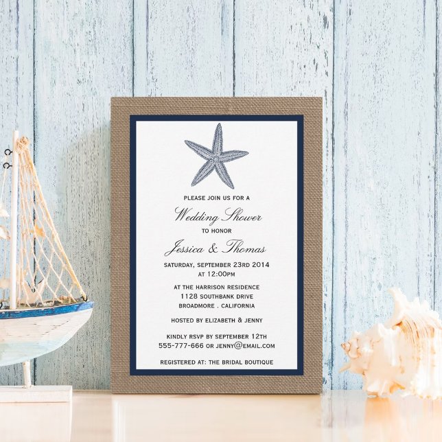 Invitation Marine Bleu Starfish Sur Burlap Beach Mariage Douc (Créateur téléchargé)