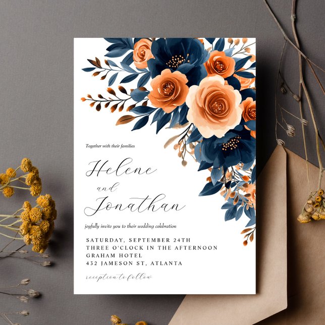 Invitation Marine Bleu Terracotta Brûlé Orange Élégant Mariag (Navy Blue Terracotta Burnt Orange Elegant Wedding Invitation)