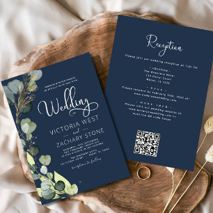Invitation Marine bleu tout en un Eucalyptus QR Code Mariage