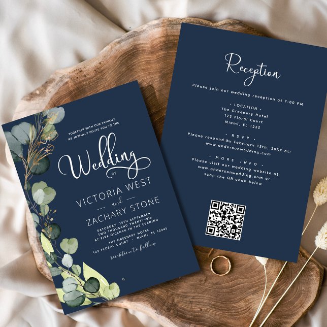 Invitation Marine bleu tout en un Eucalyptus QR Code Mariage (Créateur téléchargé)