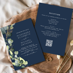 Invitation Marine bleu tout en un Eucalyptus QR Code Mariage