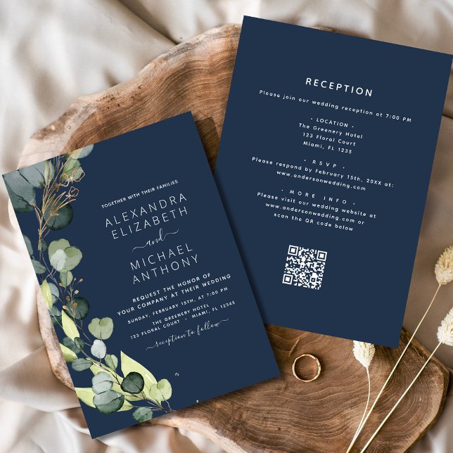 Invitation Marine bleu tout en un Eucalyptus QR Code Mariage (Créateur téléchargé)