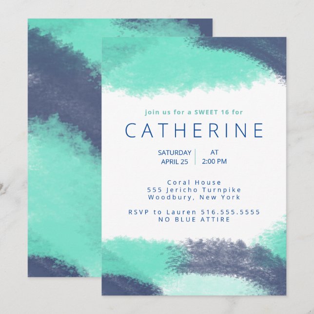 Invitation Marine bleu Turquoise aquarelle Sweet 16 Party (Devant / Derrière)