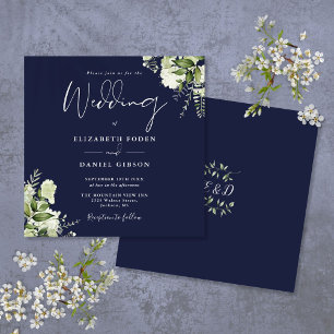 Invitation Marine Bleu Vert Floral Monogramme Carré Mariage