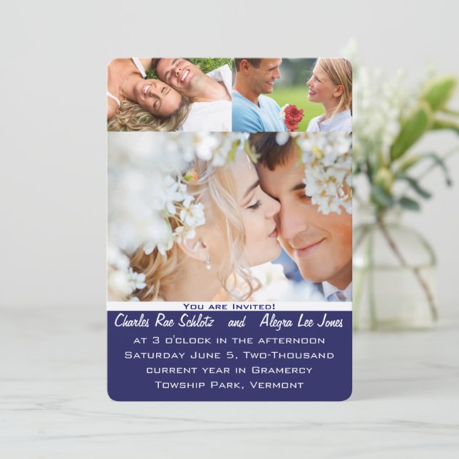 Invitation Marine Bleu votre Mariage photo (Debout devant)