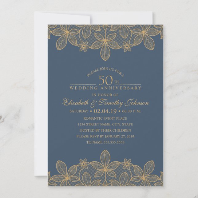 Invitation Marine Bleue 50e anniversaire Mariage dentelle dor (Devant)