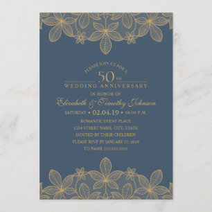 Invitation Marine Bleue 50e anniversaire Mariage dentelle dor