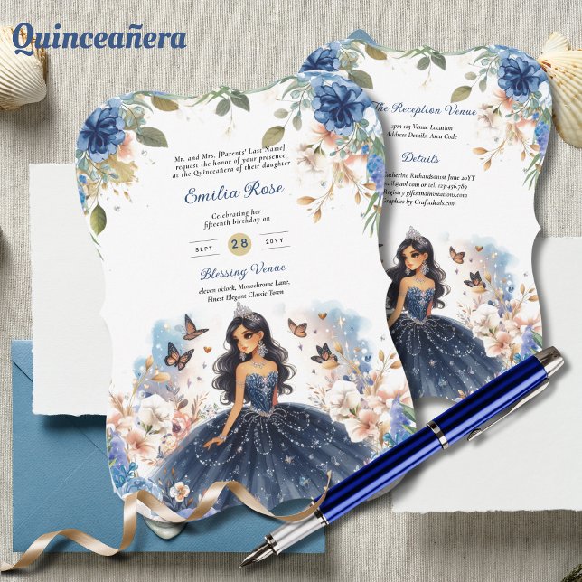 Invitation Marine Bleue Quinceanera Robe Papillons Floraux (Créateur téléchargé)