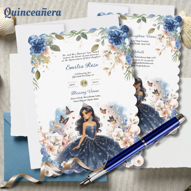 Invitation Marine Bleue Quinceanera Robe Papillons Floraux (Créateur téléchargé)