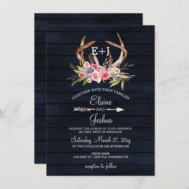Invitation Marine Blooming Antlers Pays Chic Mariage (Devant / Derrière)