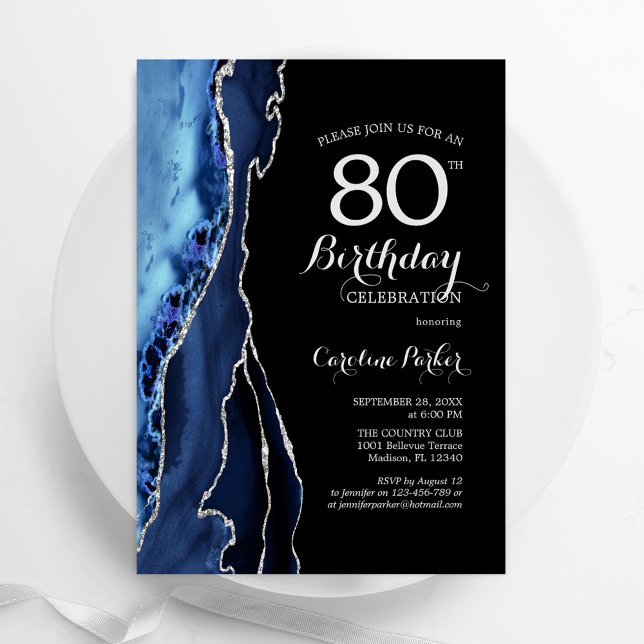 Invitation Marine Blue Agate Argent Noir 80e anniversaire (Créateur téléchargé)