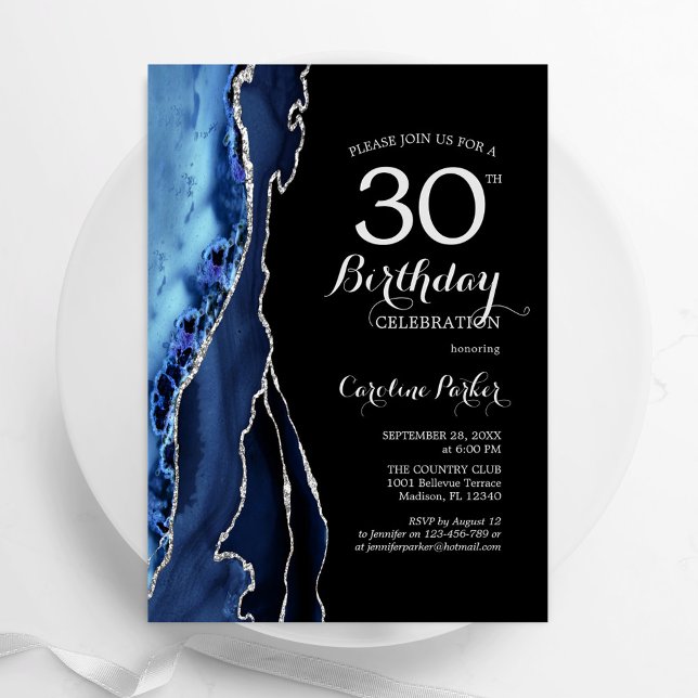 Invitation Marine Blue Agate Black Silver 30e anniversaire (Créateur téléchargé)