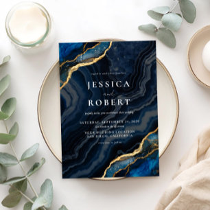 Invitation Marine Blue Agate Marbre Élégant Mariage