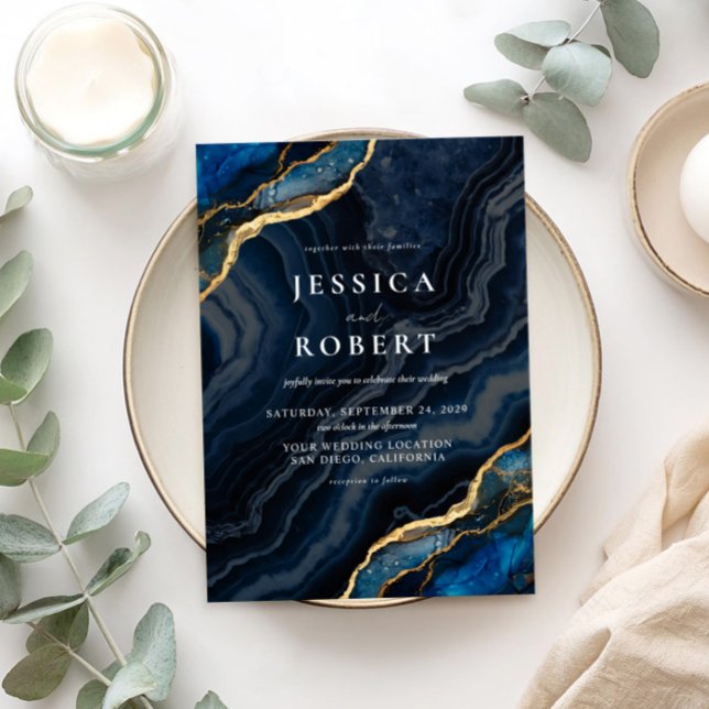 Invitation Marine Blue Agate Marbre Élégant Mariage (Créateur téléchargé)