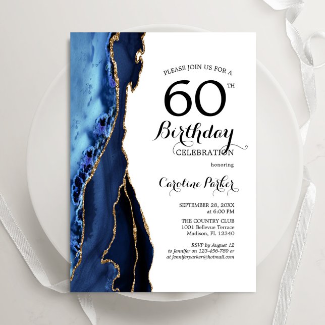 Invitation Marine Blue Agate Or Blanc 60e anniversaire (Créateur téléchargé)