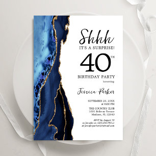 Invitation Marine Blue Agate Or Blanc Surprise 40e anniversai