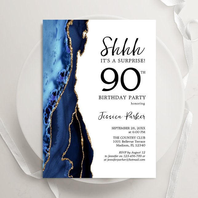 Invitation Marine Blue Agate Or blanc Surprise 90e anniversai (Créateur téléchargé)