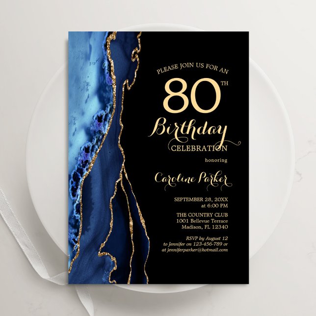 Invitation Marine Blue And Gold Agate 80e anniversaire (Créateur téléchargé)
