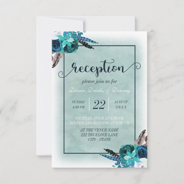 Invitation Marine Blue Aqua Aquarelle Floral Mariage Réceptio (Devant)
