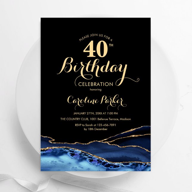 Invitation Marine Blue Black Gold Agate 40e anniversaire (Créateur téléchargé)