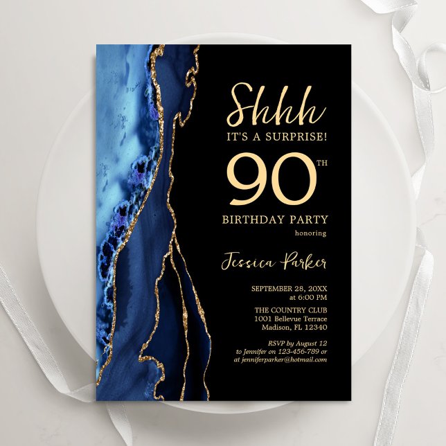 Invitation Marine Blue Black Gold Agate Surprise 90e annivers (Créateur téléchargé)
