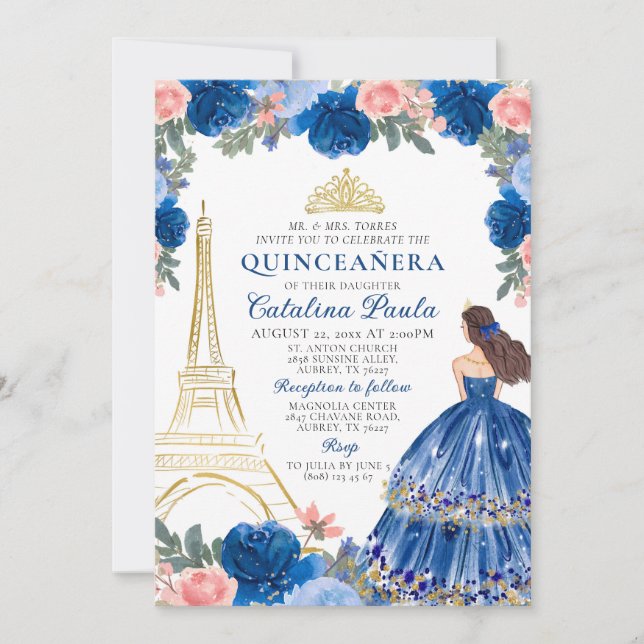 Invitation Marine Blue Blush Pink Gold Tiara Paris Quinceañer (Devant)