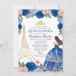 Invitation Marine Blue Blush Pink Gold Tiara Paris Quinceañer