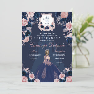 Invitation Marine Blue & Blush Pink Princess Castle Quinceañe