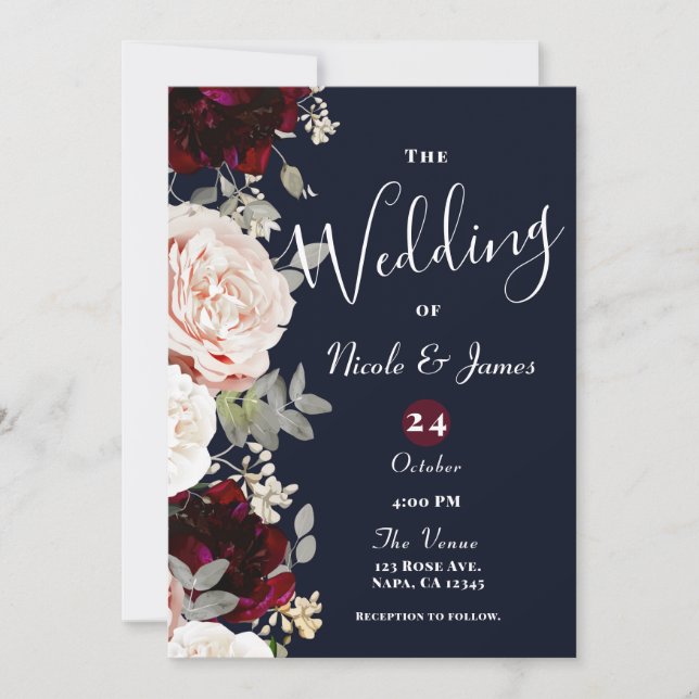 Invitation Marine Blue Blush Rose & Burgundy Floral Mariage I (Devant)