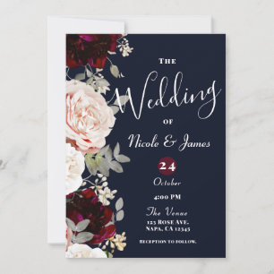 Invitation Marine Blue Blush Rose & Burgundy Floral Mariage I
