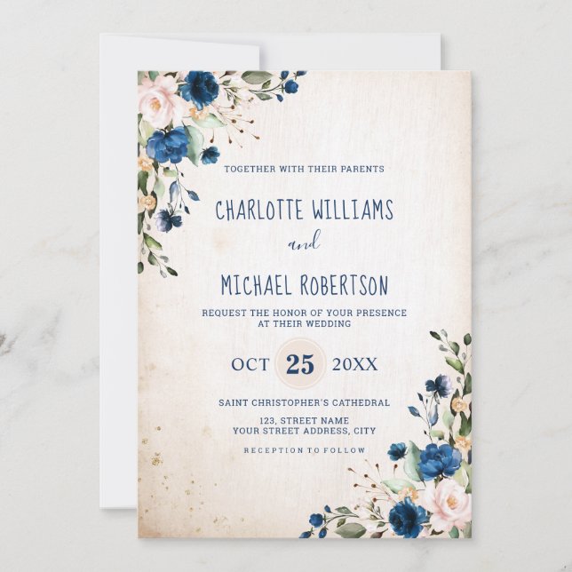 Invitation Marine Blue Blush Rose Rustic Country Floral Maria (Devant)