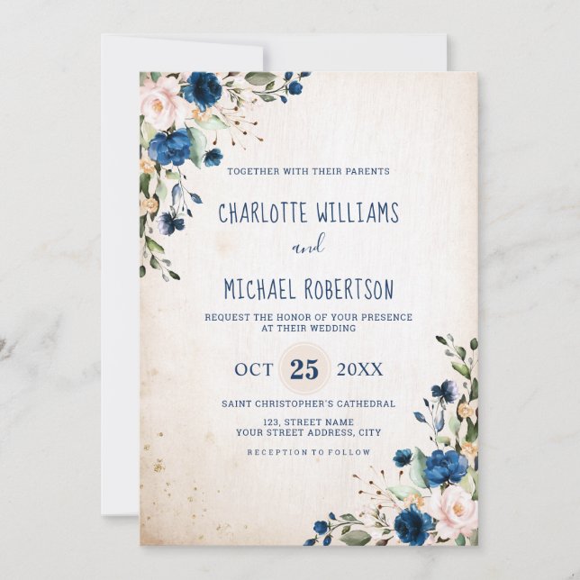 Invitation Marine Blue Blush Rose Rustic Country Floral Maria (Devant)