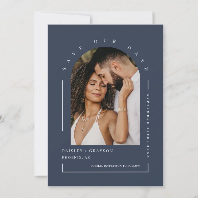 Invitation Marine Blue Boho Arch Photo QR Code Enregistrer no (Devant)