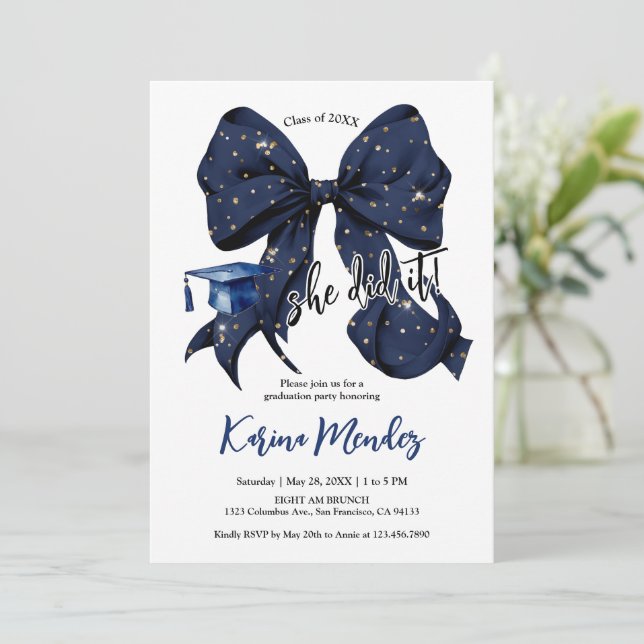 Invitation Marine Blue Bow avec Gold Parties scintillant Grad (Debout devant)