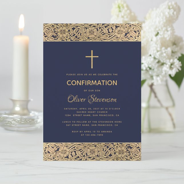 Invitation Marine Blue Boy Confirmation Floral Gold Roses Cro (Créateur téléchargé)