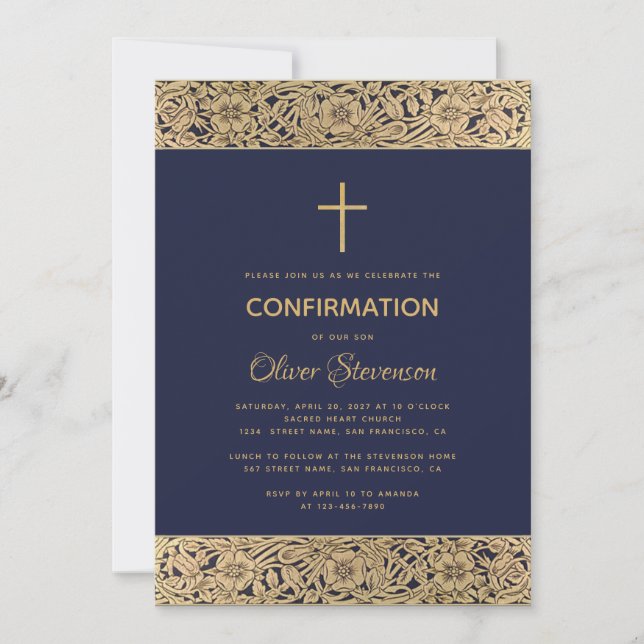 Invitation Marine Blue Boy Confirmation Floral Gold Roses Cro (Devant)