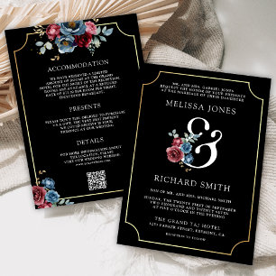 Invitation Marine Blue Burgundy Floral Ampersand Black Mariag