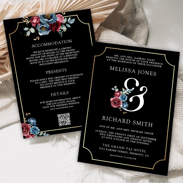 Invitation Marine Blue Burgundy Floral Ampersand Black Mariag (Créateur téléchargé)