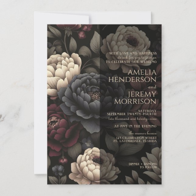 Invitation Marine Blue & Burgundy Moody Floral (Devant)