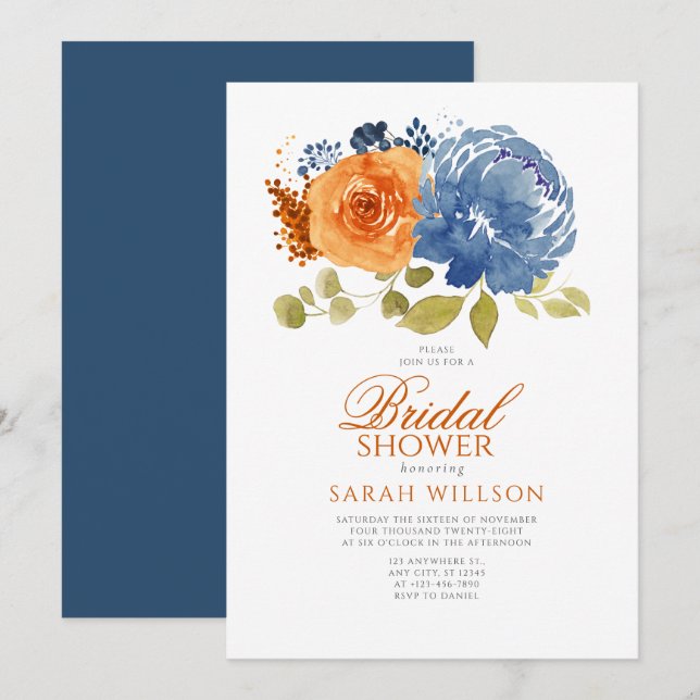 Invitation Marine Blue Burnt Orange Floral nuptiale (Devant / Derrière)