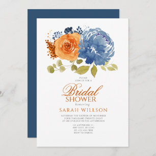 Invitation Marine Blue Burnt Orange Floral nuptiale