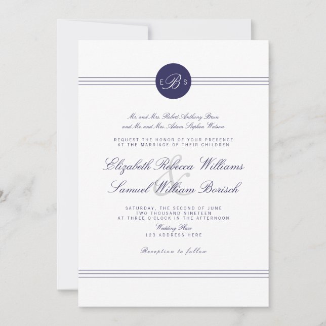Invitation Marine Blue Chic Blanc Monogramme de mariage Invit (Devant)