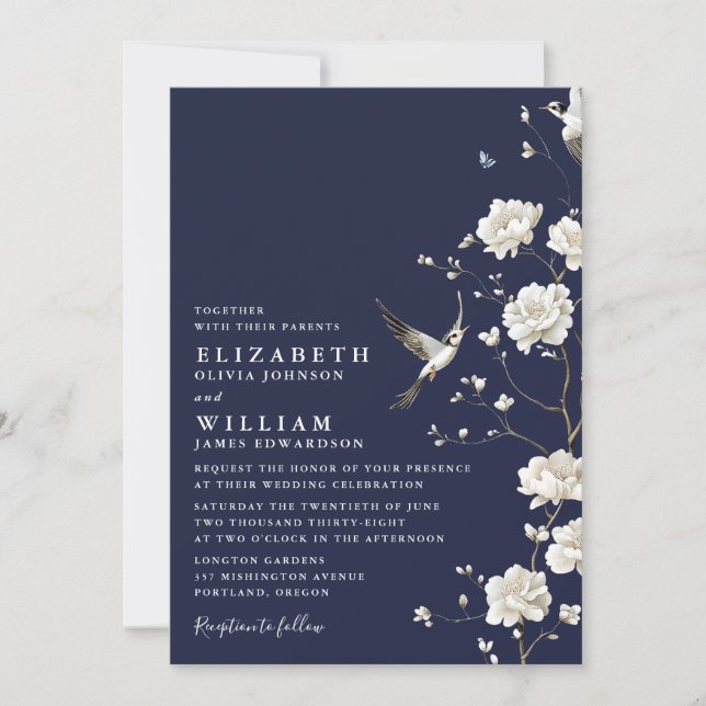 Invitation Marine Blue Chinoiserie Floral Garden Mariage (Devant)