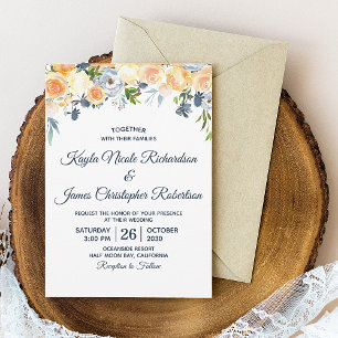 Invitation Marine Blue Coral Peach Aquarelle Florale Mariage