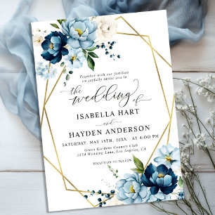 Invitation Marine Blue Cream Elegant Floral Gold Frame Mariag